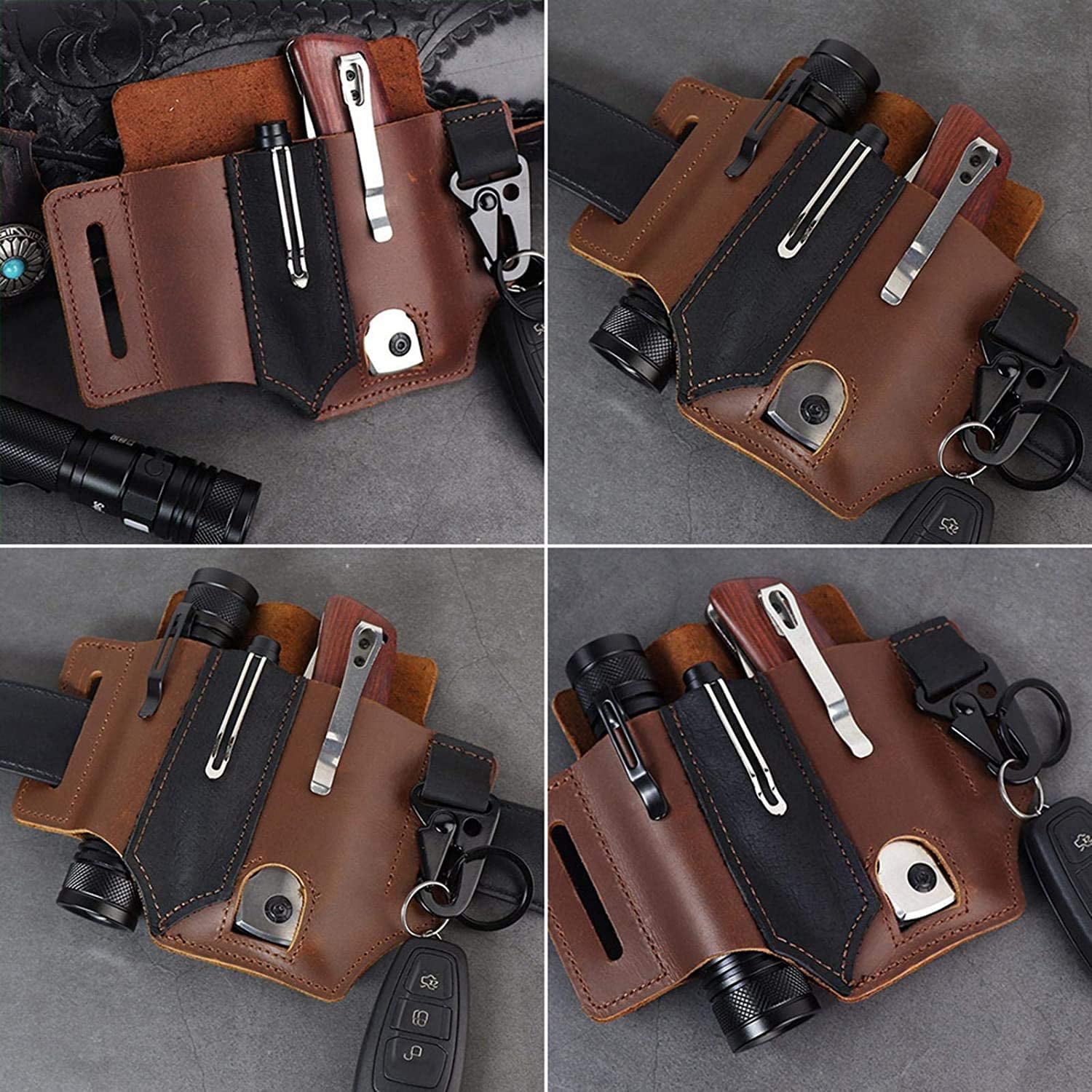KANGDE Genuine Leather EDC Belt Loop Waist Multitool Sheath, EDC Pocket Organiser Pouch, Handmade 3 Pockets Organizer Sheath for Flashlights/Tactical Pens/
