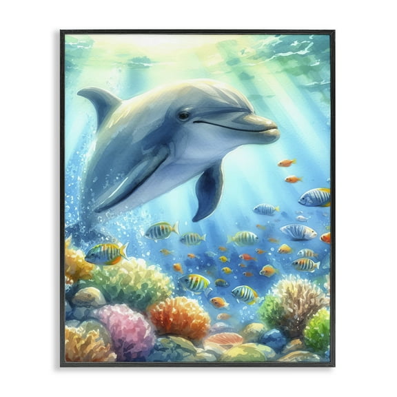 Stupell Industries Majestic Dolphin Underwater Nautical & Beach Painting Black Framed Art Print Wall Art, 11 x 14