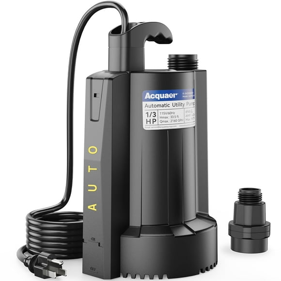 Acquaer Pompe à Eau Submersible Automatique 1/3 HP, Pompe de Vidange 115 V avec Adaptateur de Clapet de Retenue de Boyau d'Arrosage 3/4”, Élimination d'Eau à Débit Élevé 2160 GPH pour
