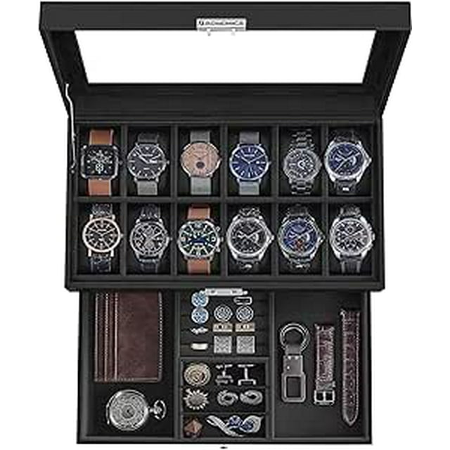 SONGMICS 12-Slot Watch Box, Lockable Watch Case with Glass Lid, 2 Layers, Black Synthetic Leather, Black Lining