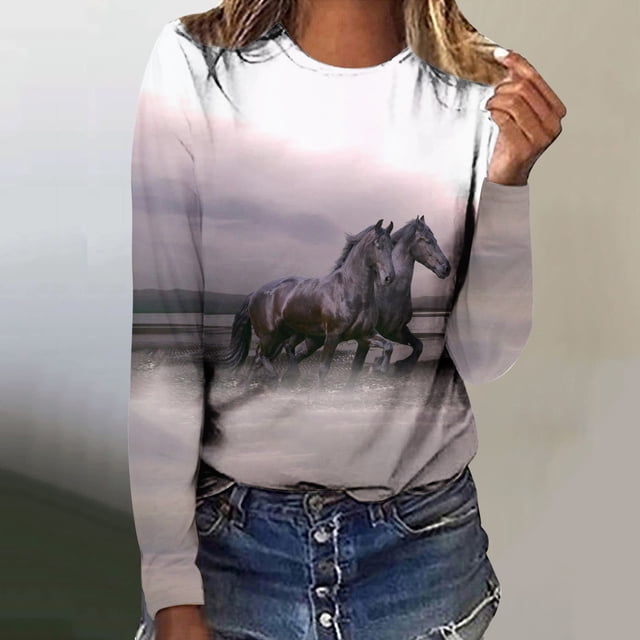 Fartey Chandails à Manches Longues pour Femmes à Imprimé de Cheval, Mode Fantaisie, Légers et Confortables, Col Rond, Chandails en Molleton Élégants, Décontractés, Amples, Hauts de Voyage
