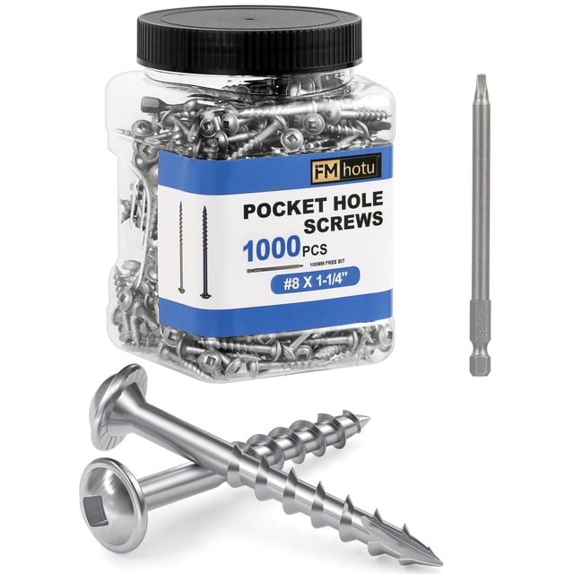 #8 Pocket Hole Screws 1-1/4 Inch, 1000Pcs Coarse Thread Wood Screws, Square Drive, Washer Head, 4-Layer Coating, Drive Bit Included (Silver)