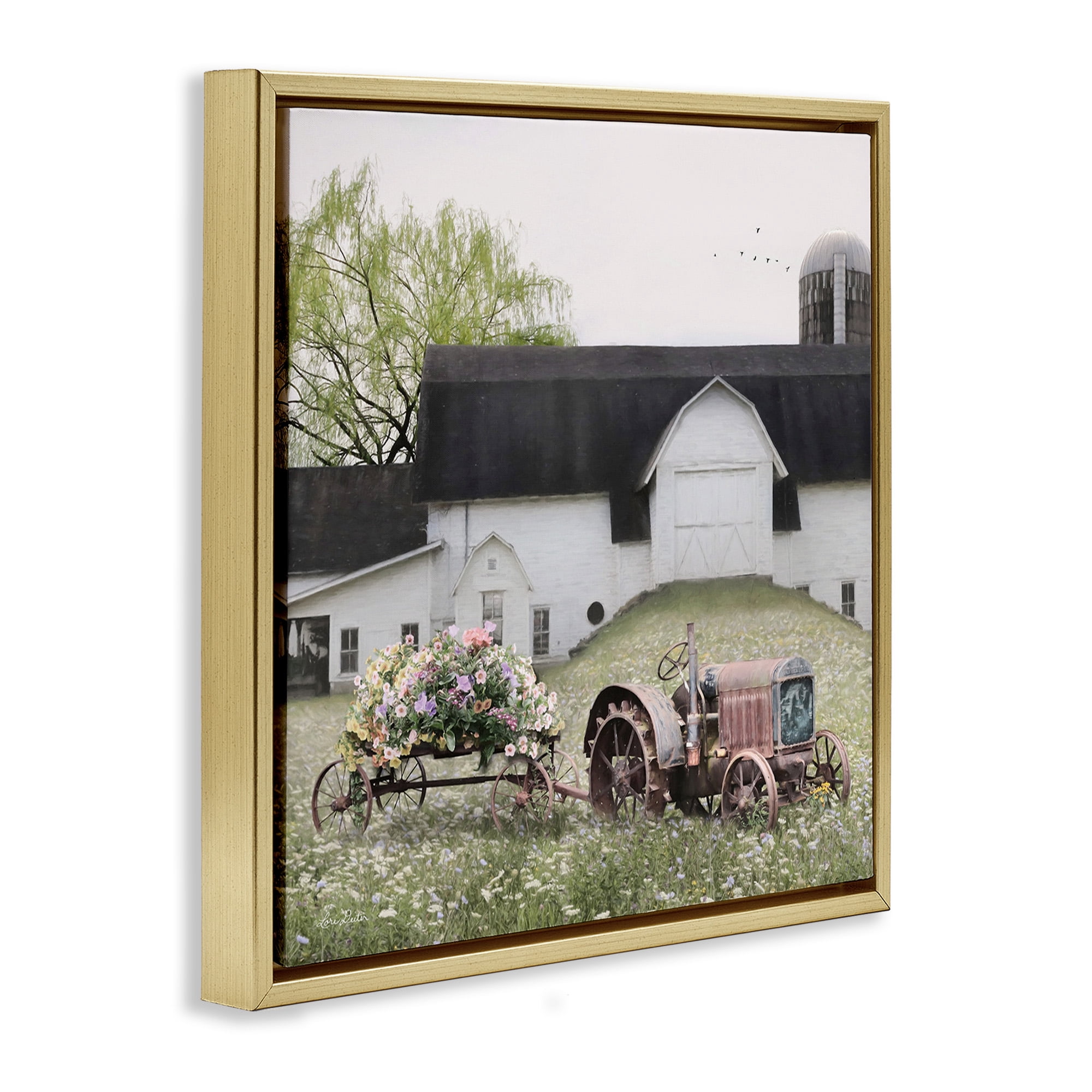 Stupell Industries Floral Tractor in Farmhouse Field Landscape Photography Gold Floater Framed Canvas Art Print Wall Art, 25 x 25