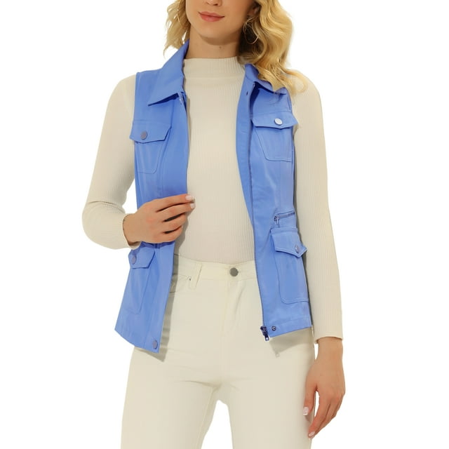 INSPIRE CHIC Veste Zippée pour Femme Sans Manches Anorak Gilet Utilitaire Veste avec Poches TP Bleu