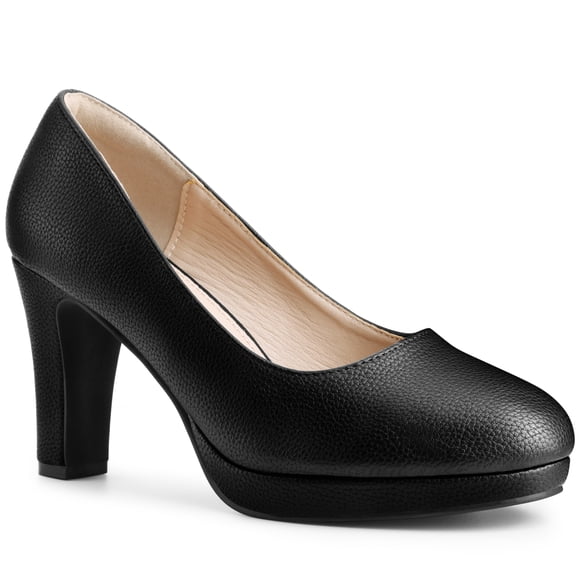 BLISSFUL STEP Stylish Women's Platform Round Toe Chunky Heel Pumps for All Occasions Black 7