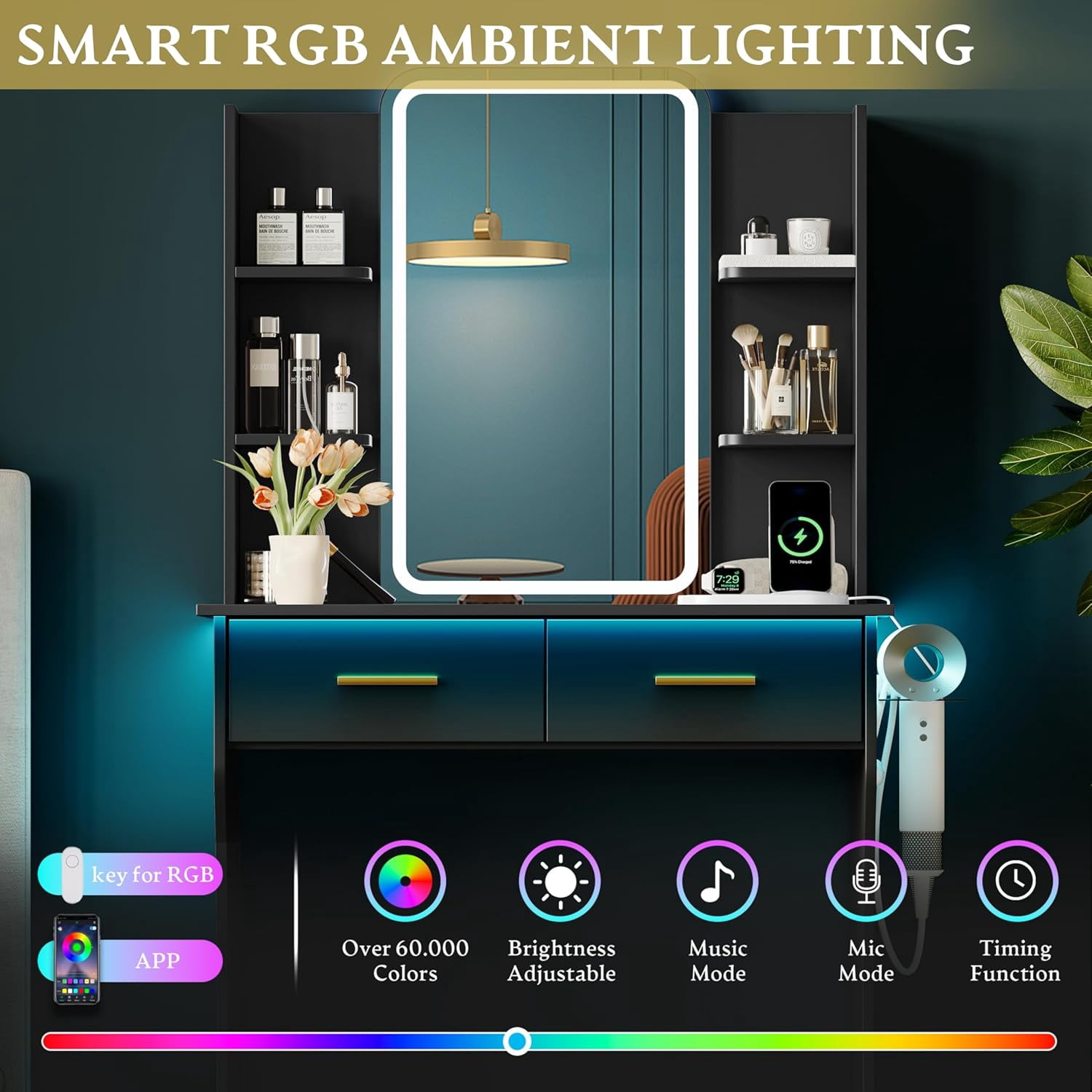 FANRAL Vanity Desk with LED Lighted Mirror and Power Outlet,Makeup Vanity Table with Storage Drawers,3 Lighting Modes and Adjustable Brightness,Dressing Table for Bedroom,Black Vanity