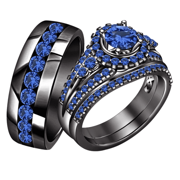 Bride & Groom Trio Engagement Ring Set in Black Gold Over 925 Sterling Silver Rings - Elegant Ring Set For Couple