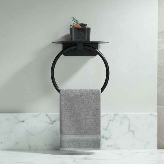 Matte Black Bath Towel Ring with Shelf, Stainless Steel Wall Mounted Hand Towel Holder, Heavy Duty Towel Hanger for Bathroom, Kitchen
