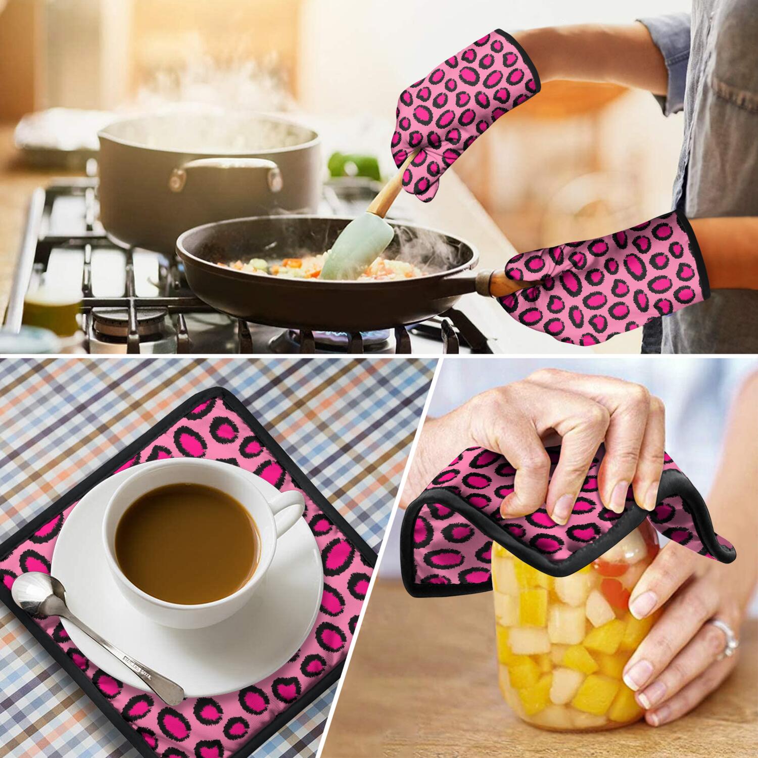 Leopard Print Oven Mitts and Pot Holders Set Of 4, Heat Resistant Kitchen Gloves with Non-Slip Grip, Hanging Loop, Soft Cotton Lining for Baking, Cooking, Grilling, Barbecue
