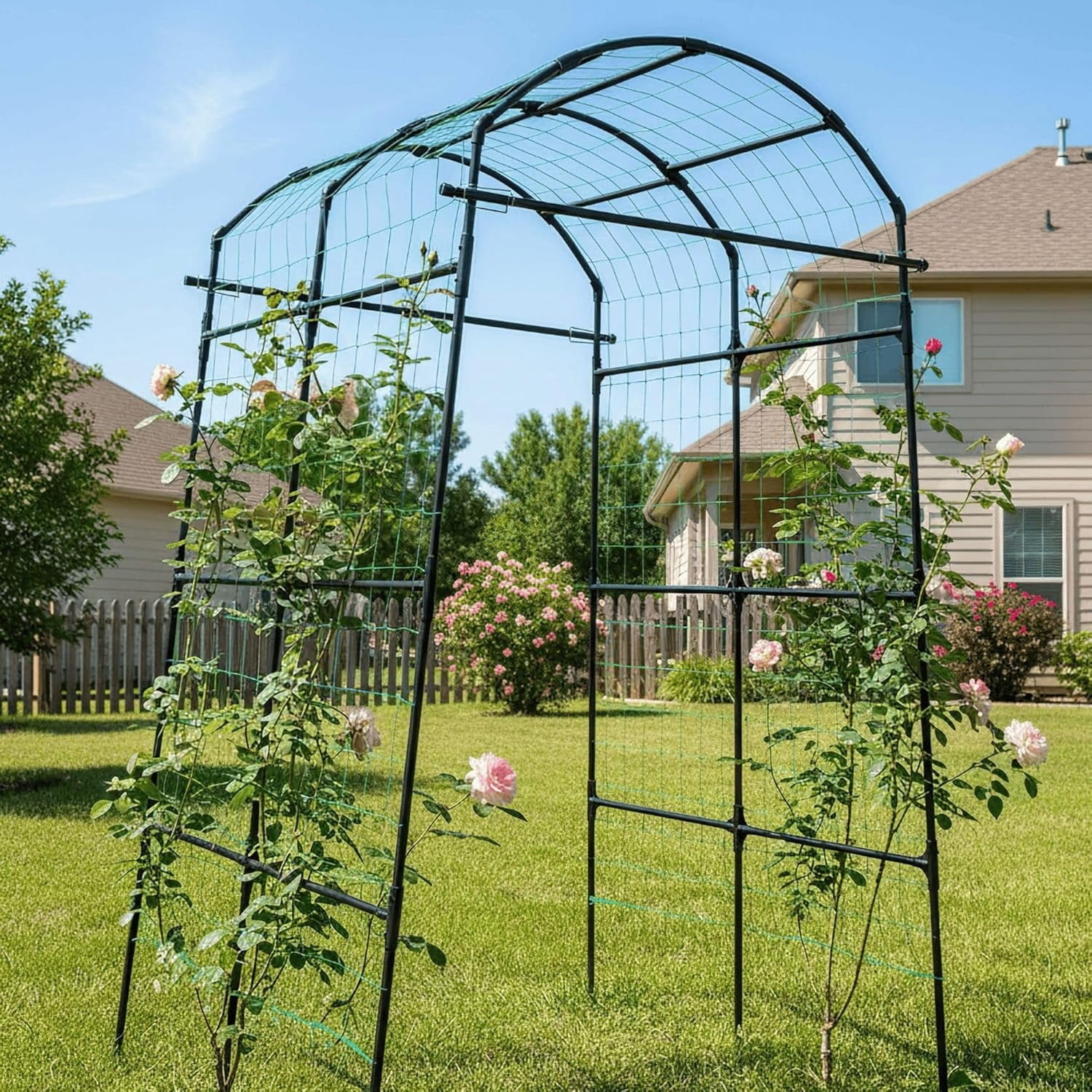 Cucumber Trellis Arch Black PP Coated Stainless Steel Garden Arch Trellis for Climbing Plants Outdoor, Garden Vegetable Trellis for Climbing Plants with Netting