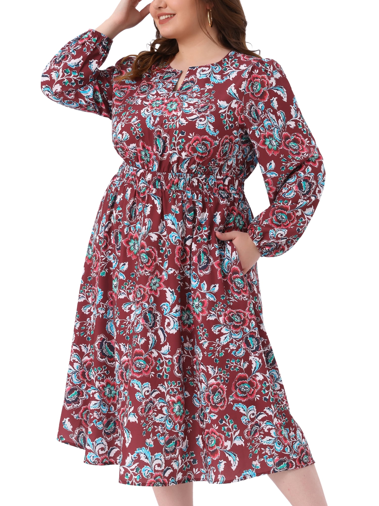 DARING DIVA Women's Plus Size Boho Floral Notch V Neck A Line Dress 1X Burgundy