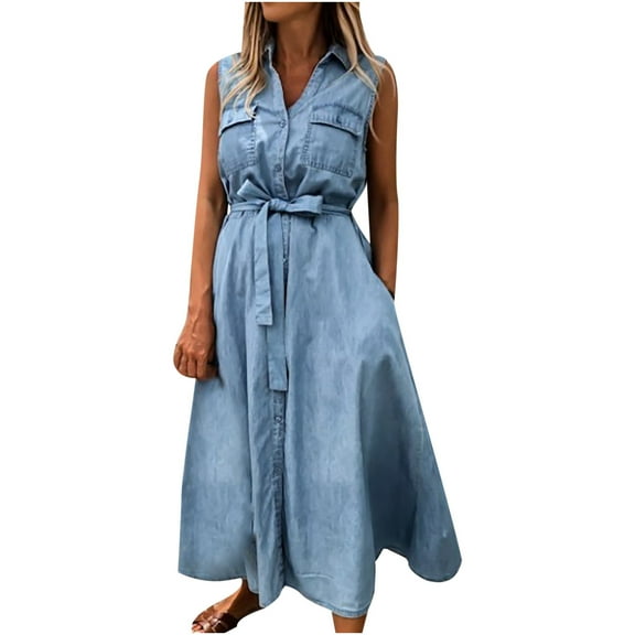 Womens Denim Dresses Button Down Sleeveless Tank Dress A-line Shirt Dress Summer Loose Midi Dresses with Belt