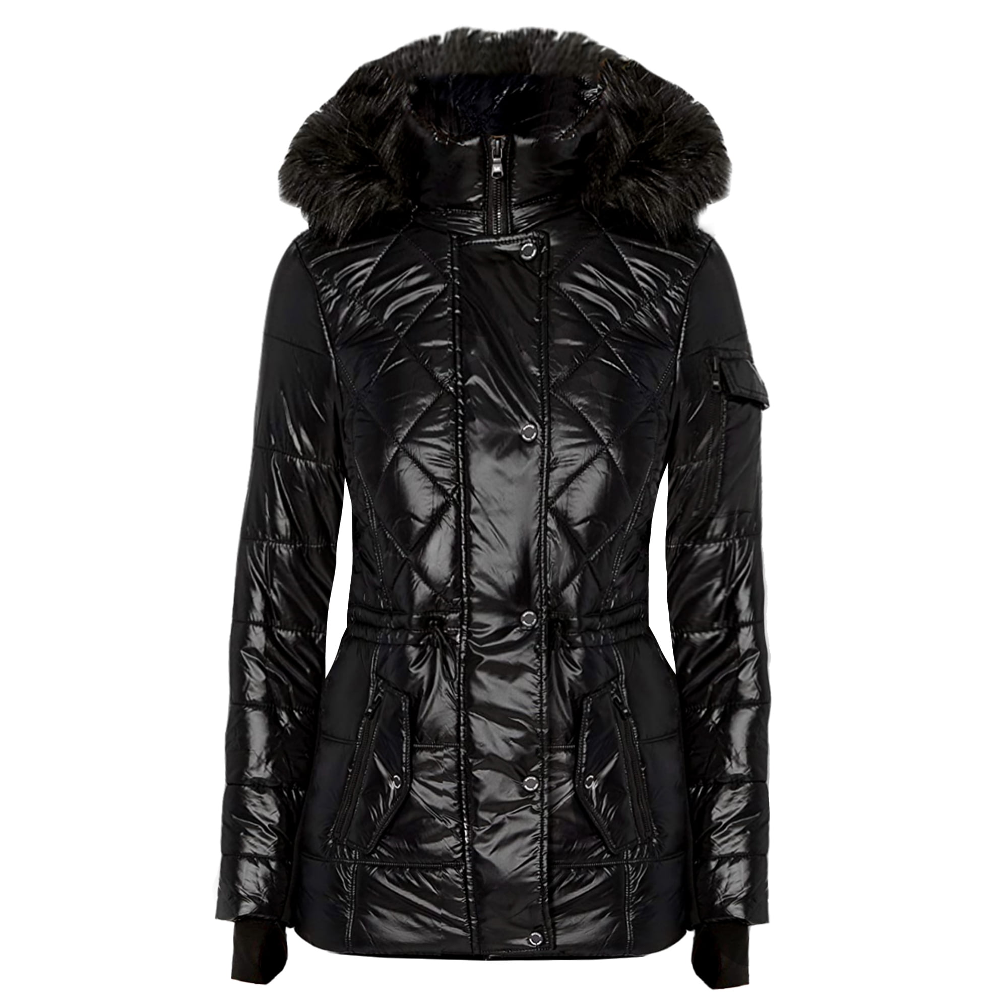 MICHAEL KORS Womens Black Zippered Anorak Faux Fur Hood Gathered At Puffer  Winter Jacket Coat L 