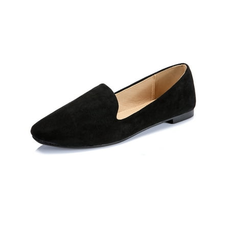 Black Suede Casual Shoes (FLORATA Ballet Flats Women Slip On Comfortable Suede Ballerina Flat Shoes Square Toe Casual Boat)