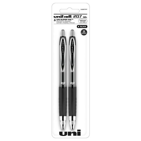 uniball 207 Retractable Gel Pen, Medium Point, 0.7 mm, Black Ink, 2 Count
