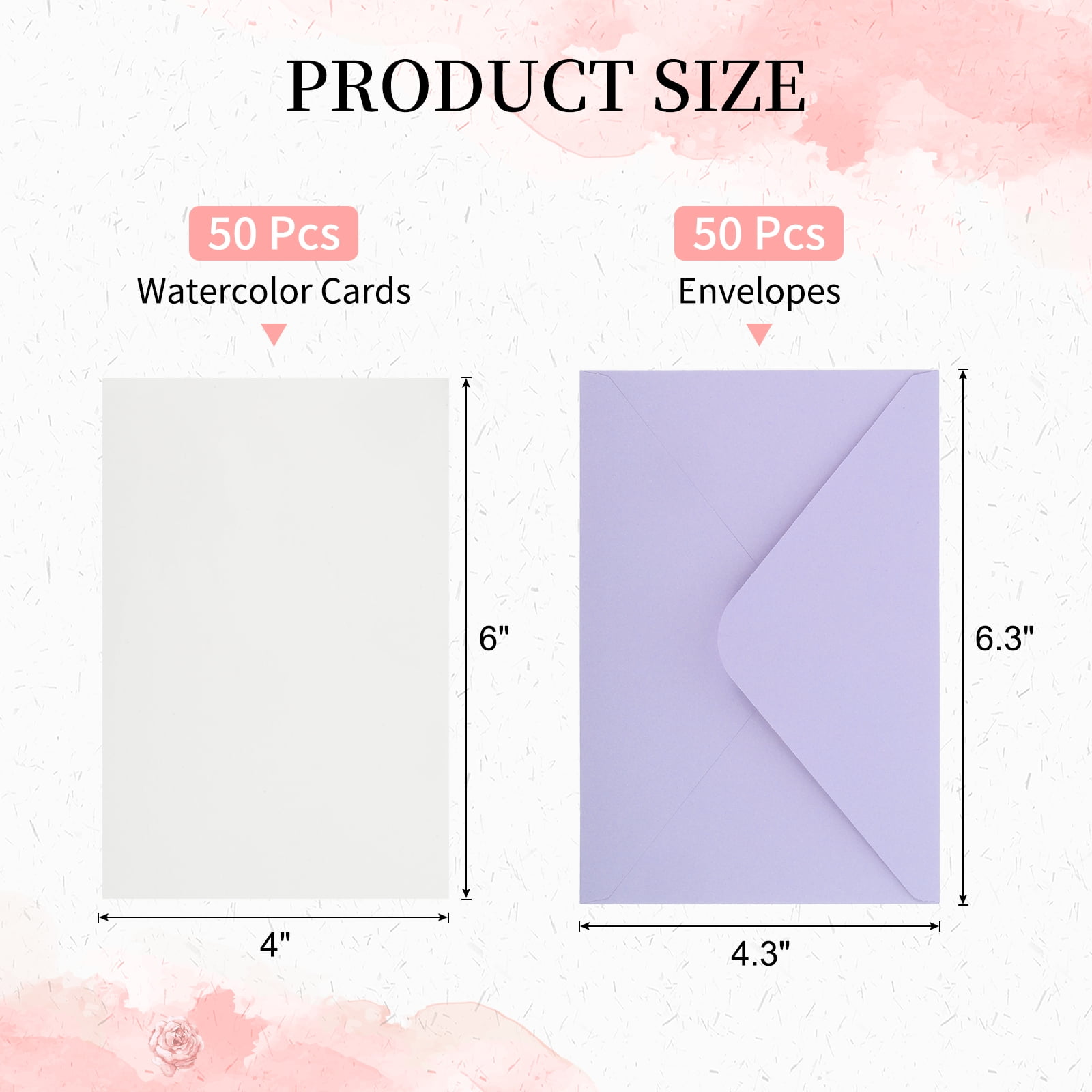 4x6 Inch Pure Cotton Watercolor Cards, 50 Sets Postcards with Envelopes 140lb/300 GSM for Art Painting Creative Thank Notes, Purple