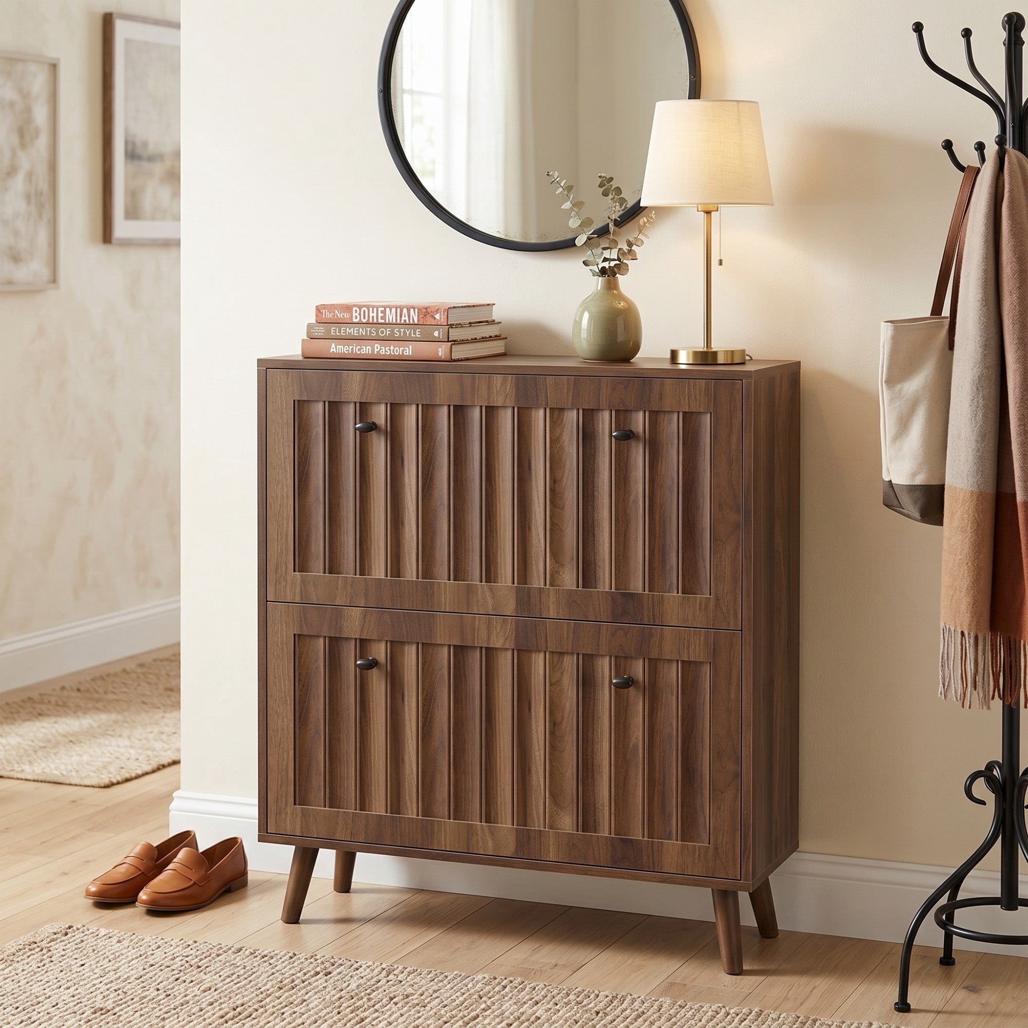 Sailvan Mid-Century Modern Shoe Cabinet, 23.6-Inch Vertical Grooved Upright Storage