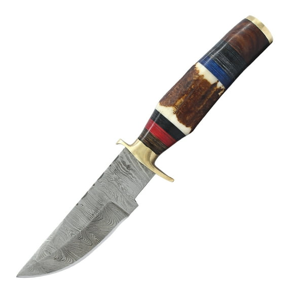 TheBoneEdge 9.25" Artificial Stage Handle Brass Bolster Damascus Blade Hunting Knife With Sheath