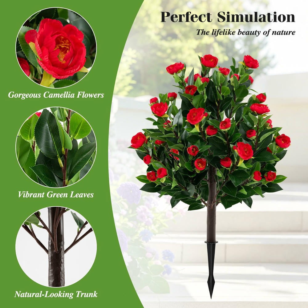 GVN 2 Pack 31 Inch Faux Camellia Plants Decorative with Fake Flower, Artificial Plant for Patio, Garden, Front Door, Balcony, Backyard, Green & Red