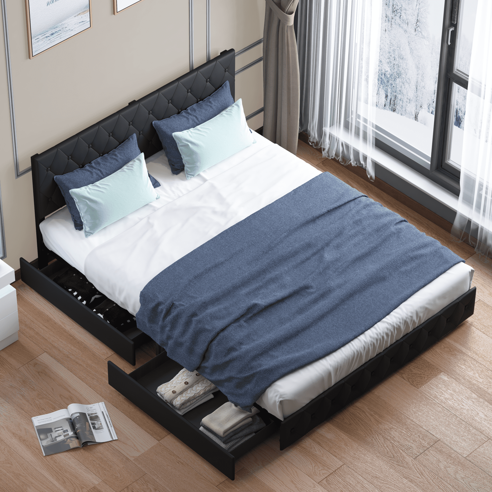 BALUS Upholstered PlatformBed Frame with 4 Storage Drawers, PU Leather Modern Full Size Bed
