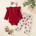 thumbnail image 2 of 0-3 Months 3 Pcs Newborn Baby Girl Clothes Infant Outifts Solid Long Sleeve Romper Floral Pant Set Cute Casual Fashion Fall Winter Baby Girl Clothes,Wine, 2 of 9