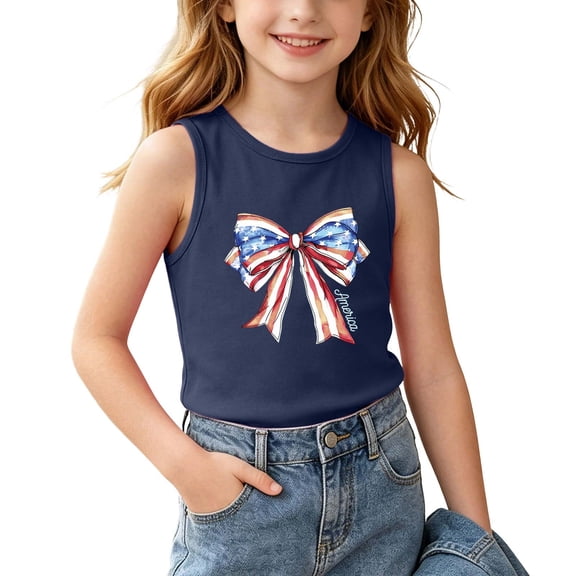 Avrnliq Girls Patriotic Sleeveless Tank Top Kids American Flag Bow Shirt Navy 4th of July Summer Outfits,Size 8 T