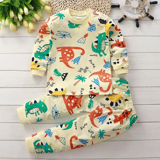 Cowsor 2 Piece Pajamas Set Kids Sleepwear Cartoon Printed Nightwear Cotton Long Sleeve Shirt Pants Loungewear