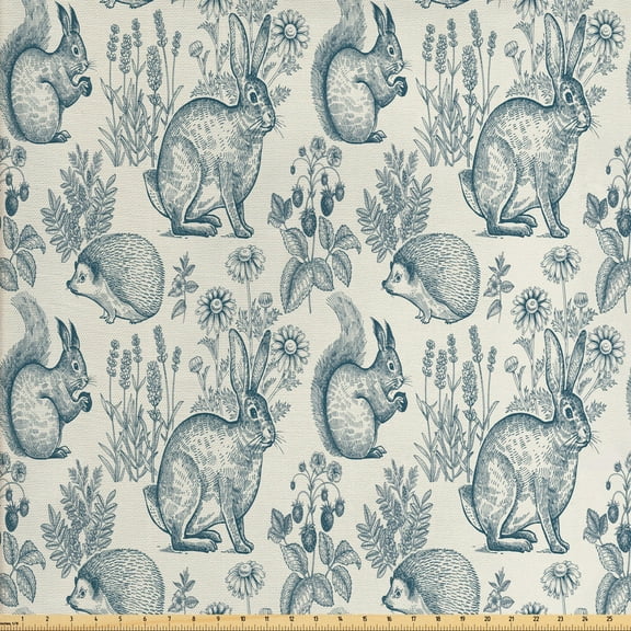 Ambesonne Animal Fabric by the Yard Upholstery, Bunnies Hedgehog Flowers, 2 Yards, Eggshell and Dark Teal