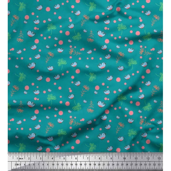 Soimoi Poly Georgette Fabric Dot,Leaves & Bird Cartoon Print Fabric by Yard 42 Inch Wide