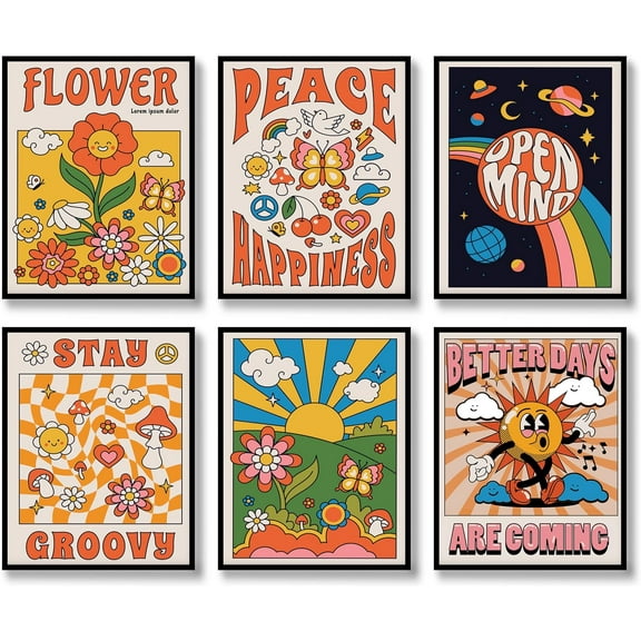 Hippie Wall Art Vintage Wall Decor Prints Set of 6 Hippie Flower Canvas 60s 70s Retro Posters Abstract Minimalist Happy Face Photos Boho Pictures for Living room Bedroom (A, 8"x10" UNFRAMED)