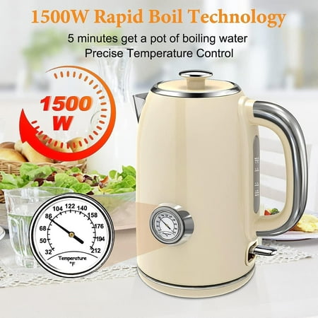 

KitchMix Electric Kettle 1.7L Stainless Steel Tea Kettle with Thermometer 1500W Cordless Water Boiler with LED Indicator Auto Shut-Off & Boil-Dry Cool Touch Handle BPA Free - Retro Beige