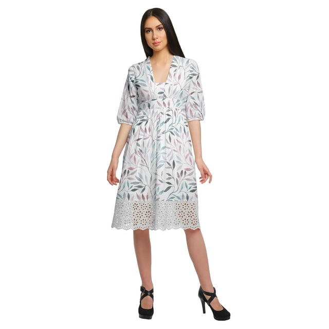 Moomaya Robe en Coton Imprimée pour Femme Longueur Midi Manches Courtes Tenue d'Été Vêtements