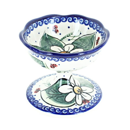 Blue Rose Polish Pottery Ladybug Pedestal Dessert Bowl
