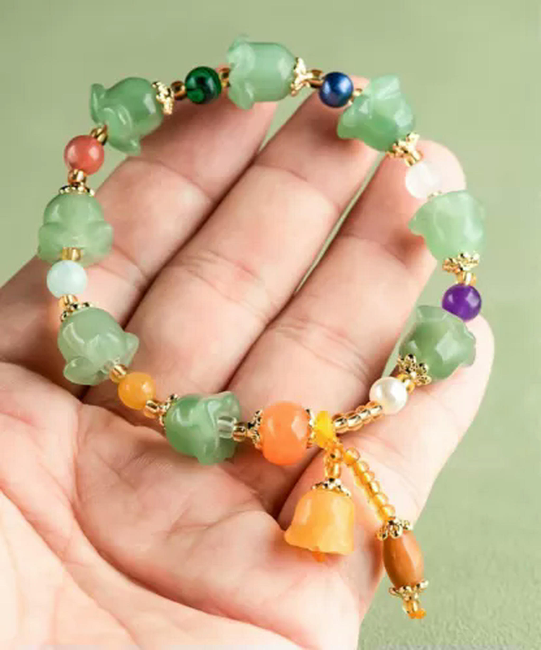 EOEMY Natural Jade Bangle Magnolia Flower Bead Link Women Lucky Gift Bracelet