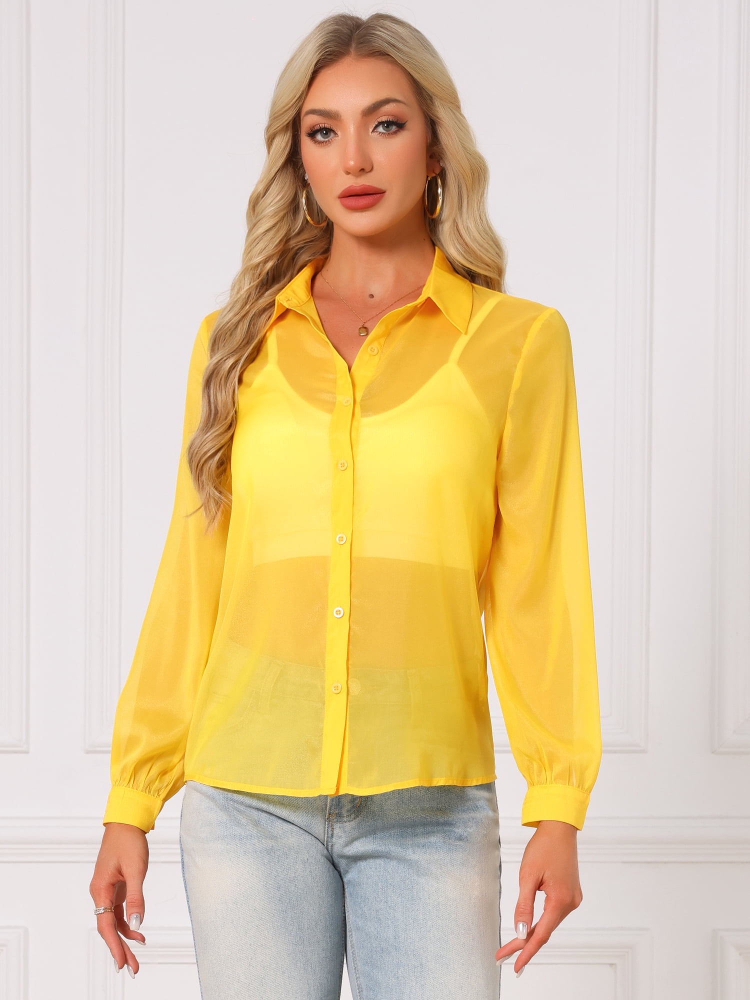 DARING DIVA Women's Long Sleeve Tops Button Down See Through Mesh Shirt M Yellow
