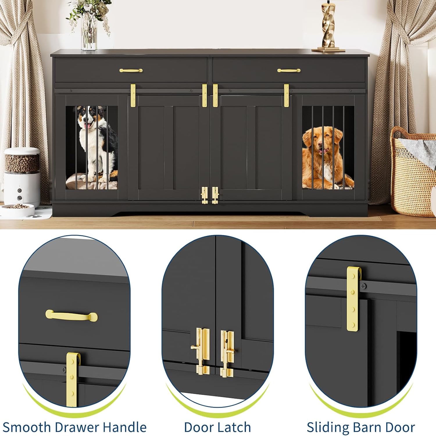 Ataucjin 71" Dog Crate TV Stand for 2 Large Dogs, Extra Large Double Dog Kennel Furniture with 2 Drawers and 2 Lockable Sliding Doors, Wooden Furniture Dogs Crate for Indoor Home Living Room