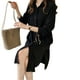 thumbnail image 3 of Vestido camisero Vestido midi de gasa transpirable con bolsillo informal de manga larga, Negro, 4XL Yuarrent AP001472-18B, 3 of 7