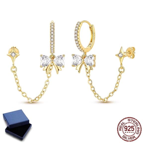 NARMO 925 Sterling Silver Bow Starry Hoop Earrings for Women, Hypoallergenic Sparkling Cubic Zirconia Jewelry Dainty Gift with Box