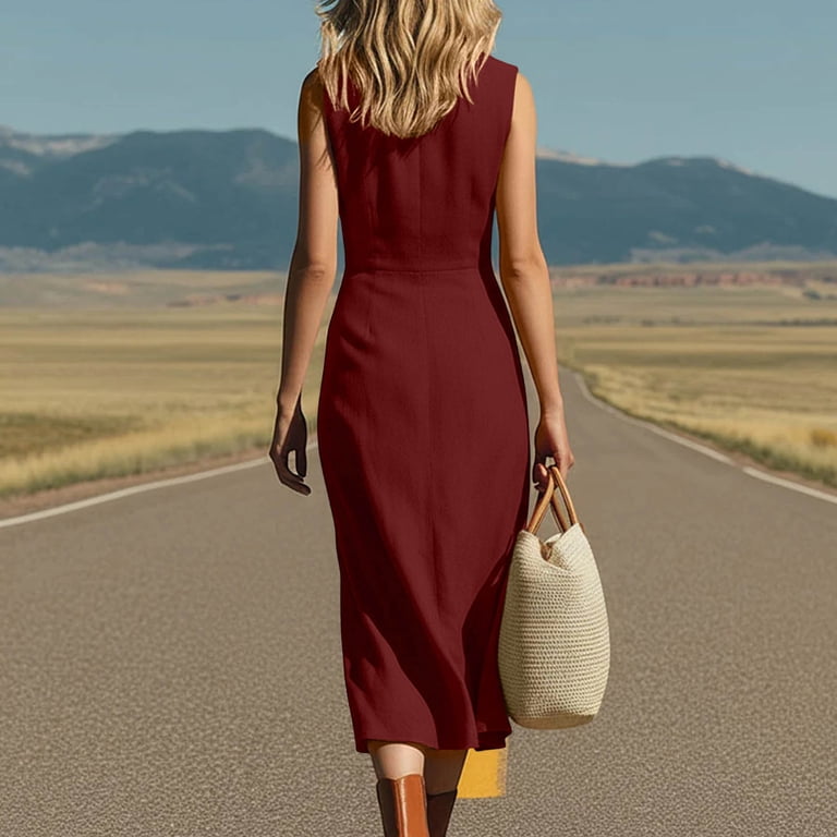 Gamivast Dresses for Women Sleeveless V Neck Button Front Flattering Slit Midi Dress Elegant Dress Date Night Dress Dinner Dress Party Dress Summer Wine M
