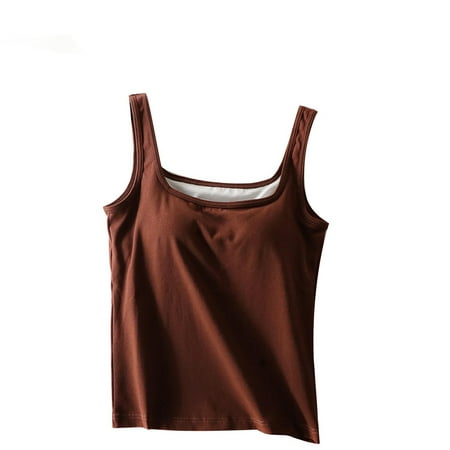 UYISJ Womens Tank Tops with Built in Bra Square Neck Sleeveless Shirts Solid Color Tshirts Padded Camisole Cotton Basic Tees Coffee L