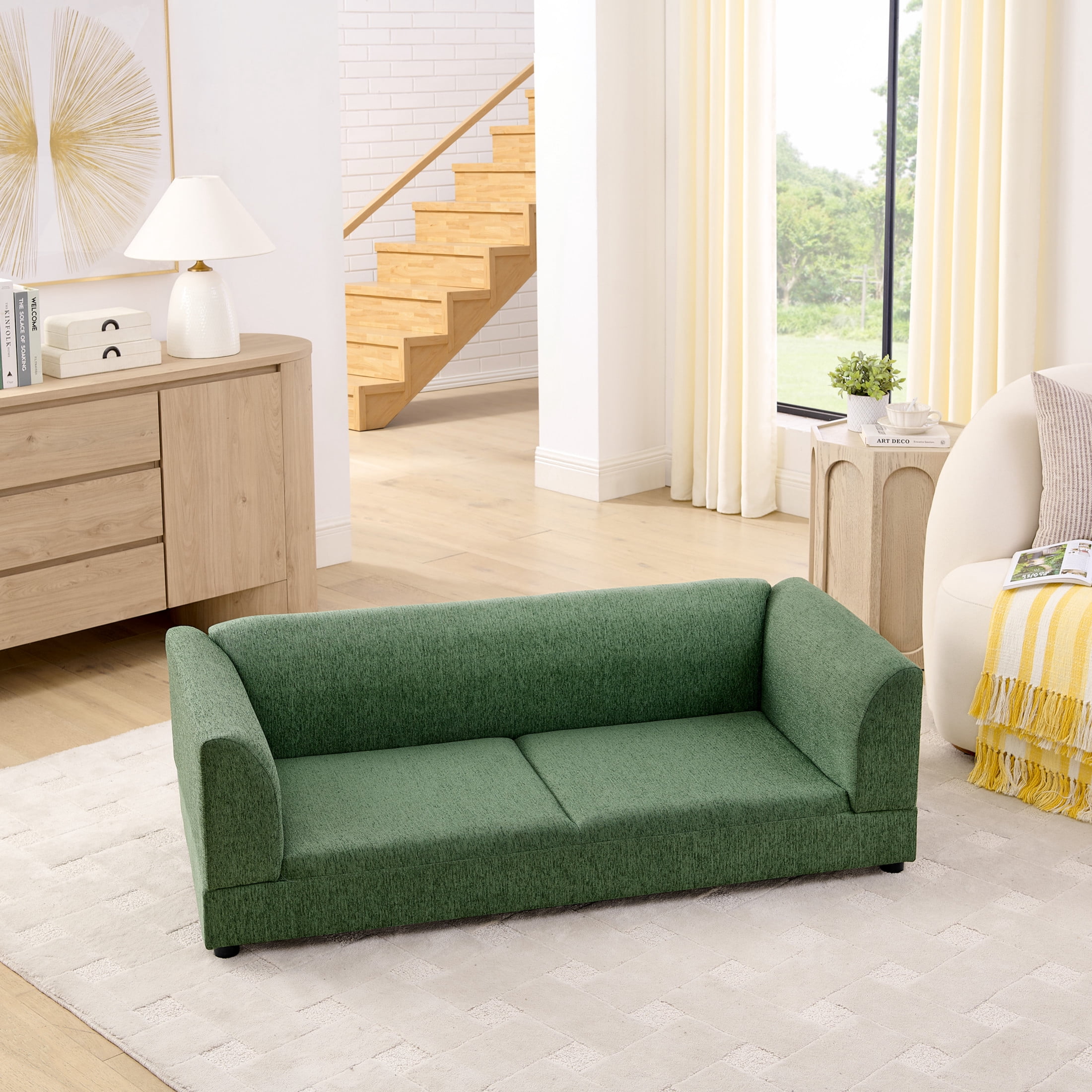 Noble House 57" Comfortable Oversized Pet Sofa, Modern Rectangular Dog Bed with Armrests and Cushion, Olive Green