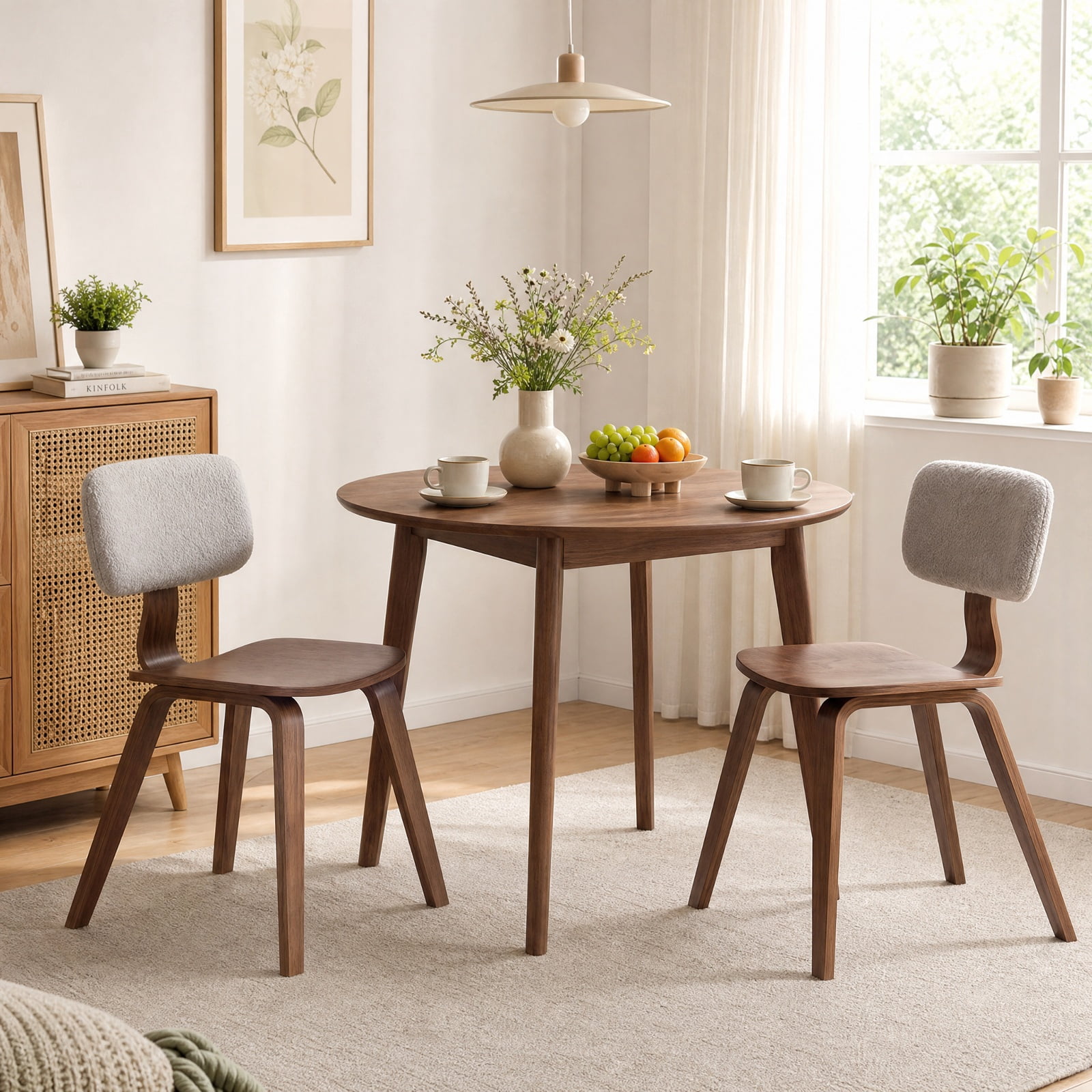 Furnibear Set of 2 Upholstered Dining Chairs with Teddy Velvet Padded Curved Backrest, Solid Rubber Wood Frame,Armless for Kitchen and Dining Room, Grey and Walnut