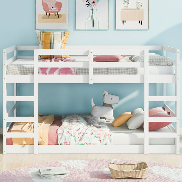 Twin Floor Bunk Bed With Safety Rail, Adjustable Height Bed Frame Dormitory