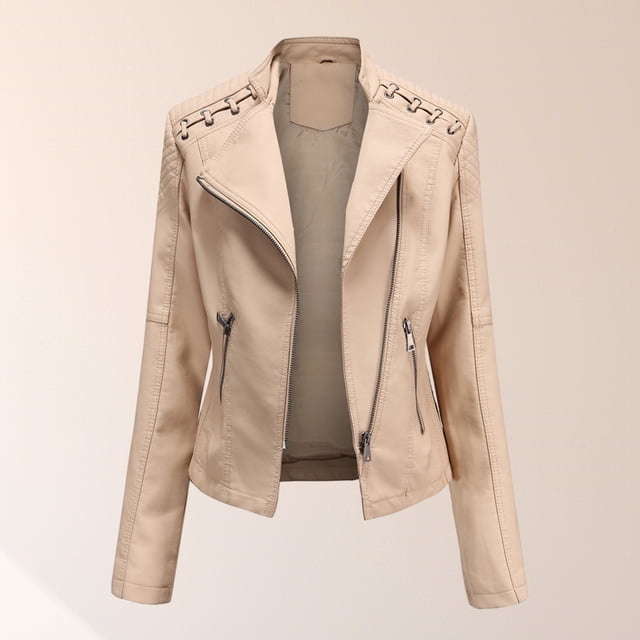 Chaqueta Jacke Damen Biker Taschen PU Plus Size Moto Mantel Streetwear Anzug Ygjytge Beige T 3EG para Mujer
