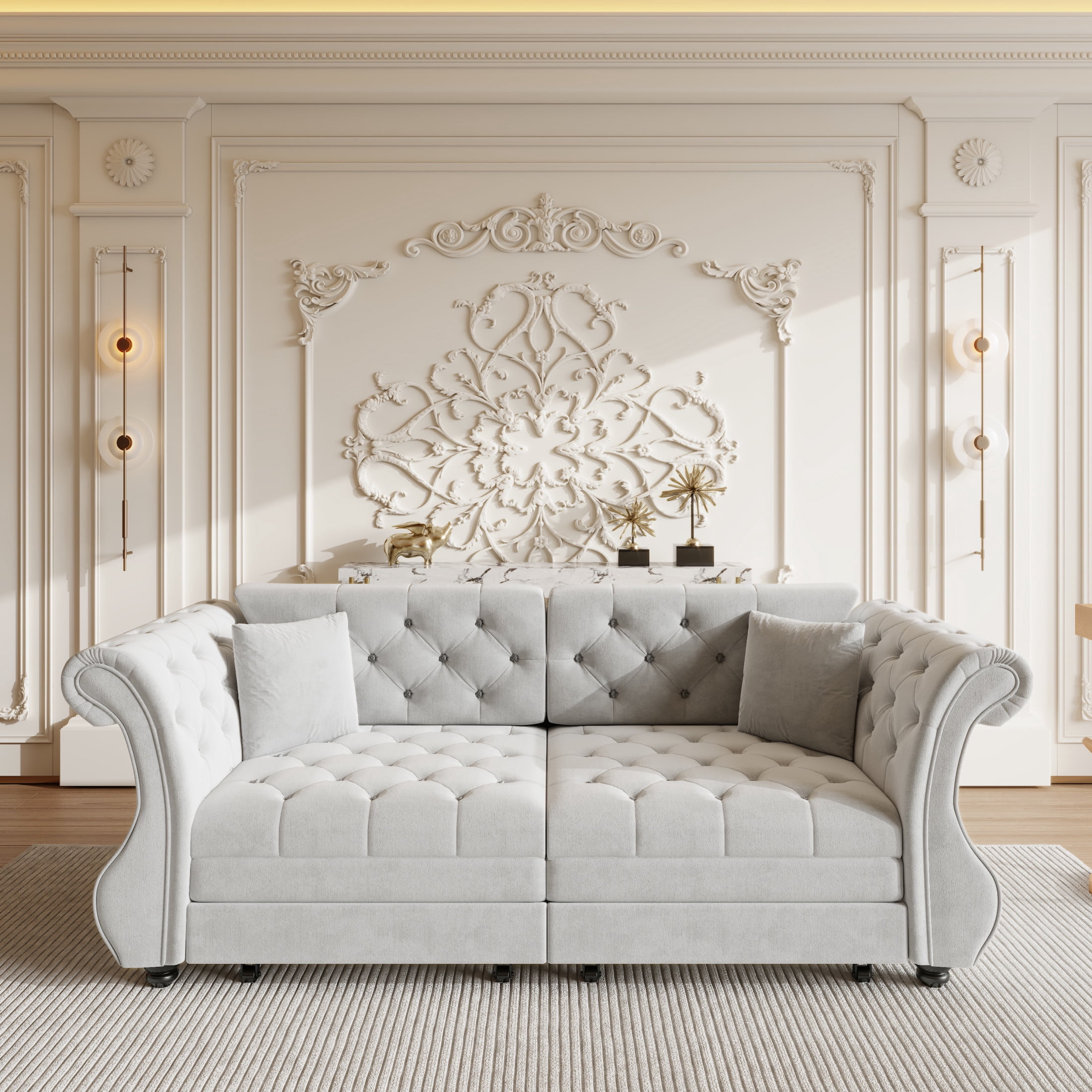 Noble House Wesley Oversized Velvet Chesterfield Pull Out Sofa Bed, Flower Tufted Roll Arm Sleeper Couch, Light Grey