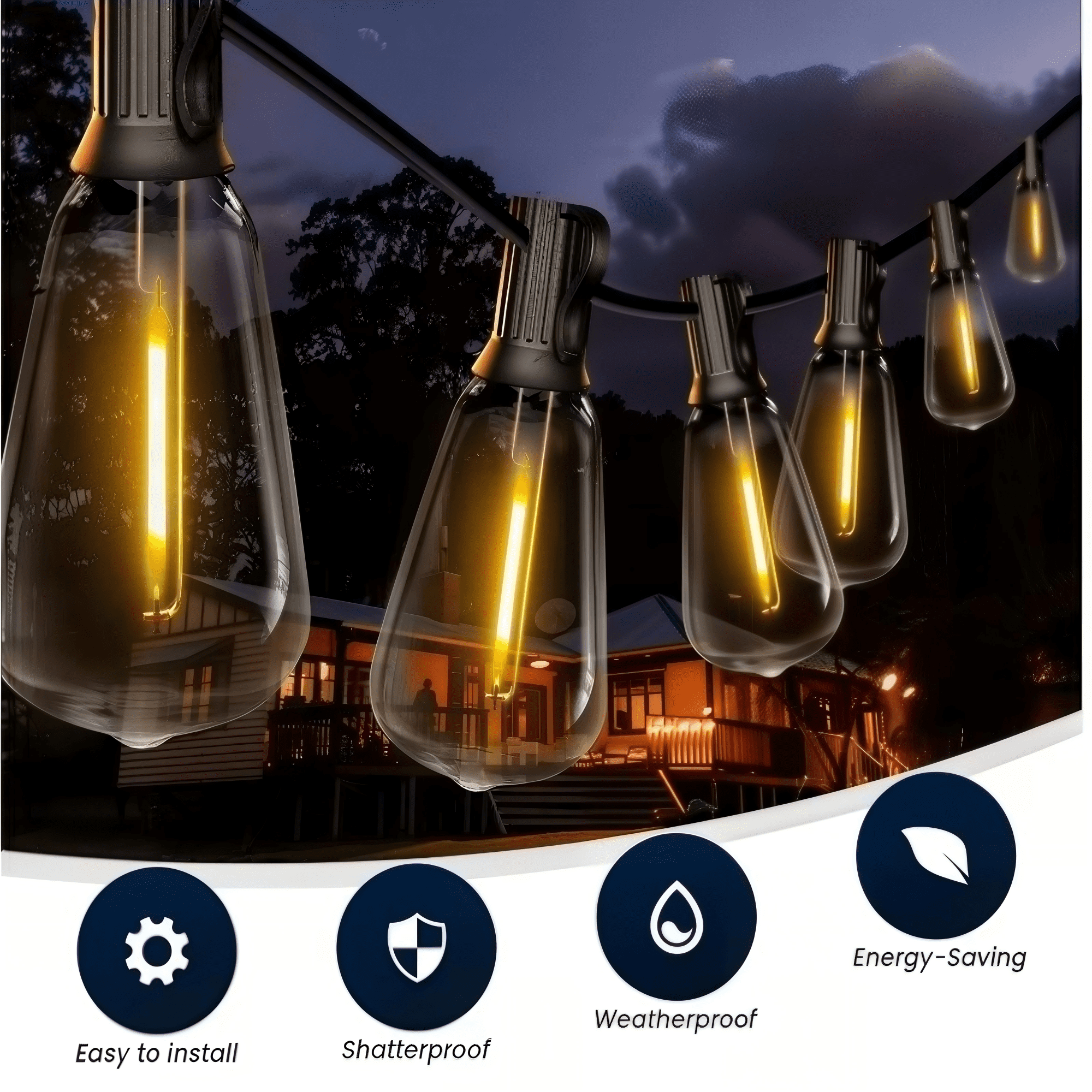 VOLIVO Solar Outdoor String Lights 100FT, Shatterproof Patio Lights with 24 ST38 Vintage Edison Bulbs, Solar Hanging Lights, for Porch, Deck, Garden, Backyard