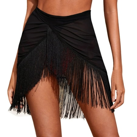 Rinsvye Women Ruffle Trim Sheer Beach Skirt Cover Up Lace Up Skirt Beach Wrap Bikini Shiny Wraps Cover Ups For Swimwear Mesh Drawstring Cover Up Skirt Boys Swim Cover Up Toddler Swim Cover Up Plus Siz