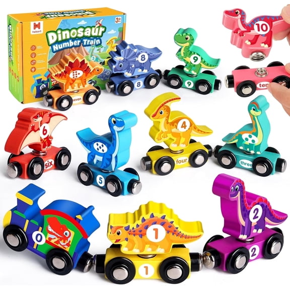 Wooden Dinosaur Train Set, Learning Dinosaur Toys and Number Train for Toddlers, Educational Montessori Toy for Counting and Motor Skills, for 3-5 Year Old Boys Girls