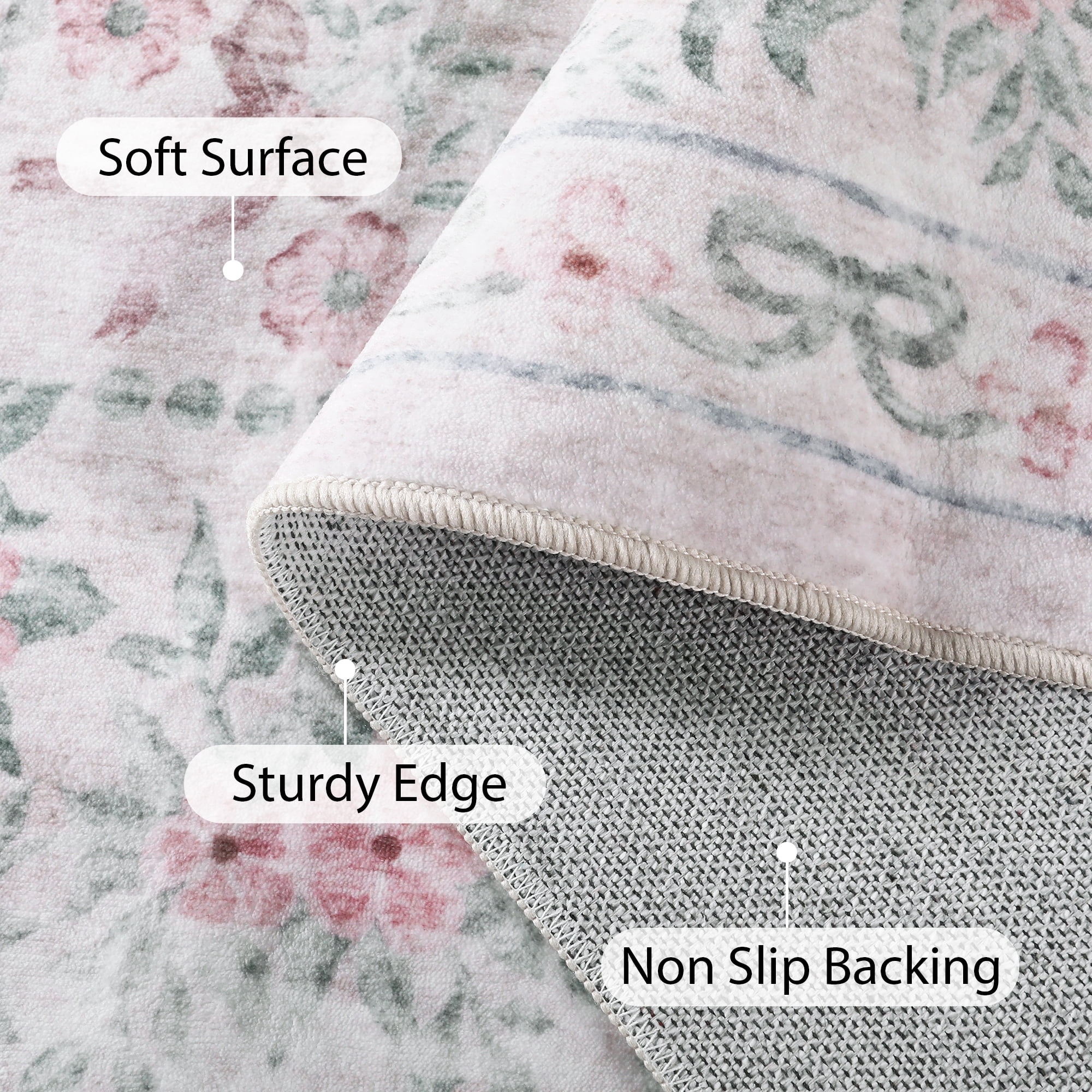 Lahome Washable 5'x7' Area Rug, Light Pink Floral Bow Print Rugs for Living Room, Ultra-Thin Non-Slip Soft Boho Carpet for Bedroom Girls Nursery Kids Room Dorm, Light Pink