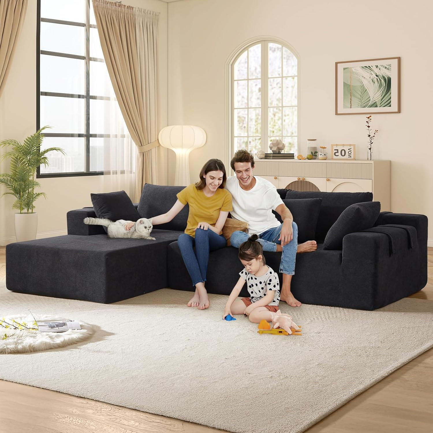 AENKYO 108" Chenille L-Shaped Sectional Sofa Set with 6 Pillows, Free-Combination Modular Couch for Living Room, Black, Left-Facing Chaise